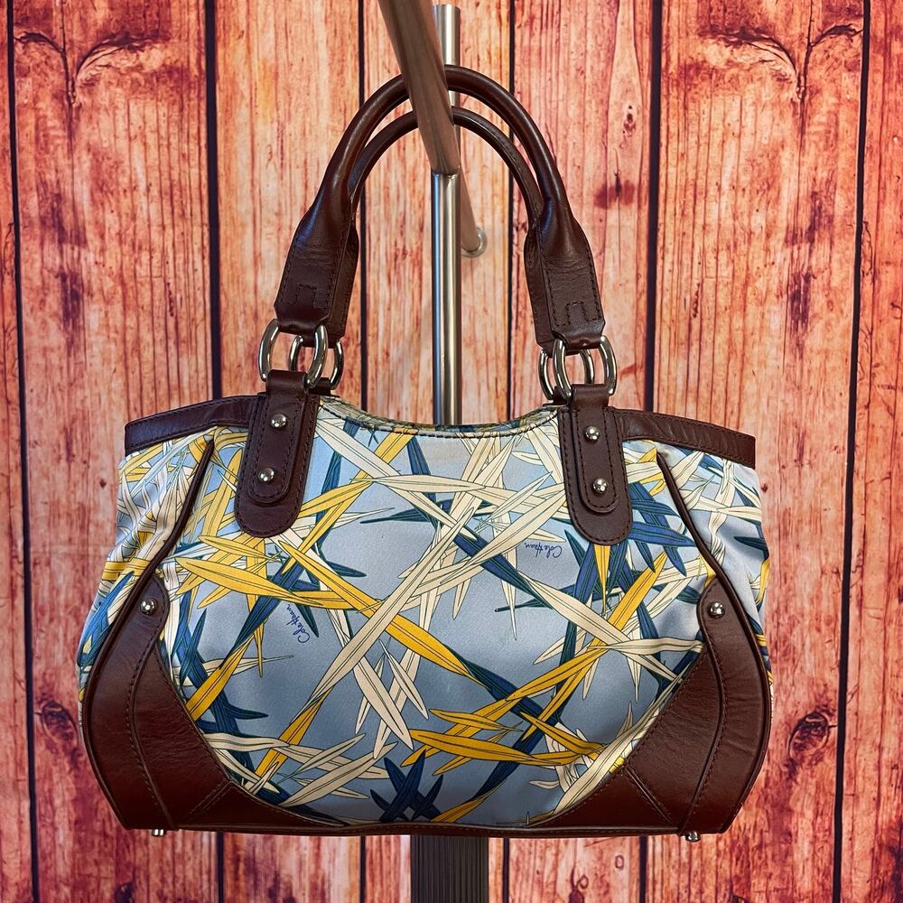Cole Haan Scarf Print Satchel Sateen Blue Yellow Brown Leather Trim GUC